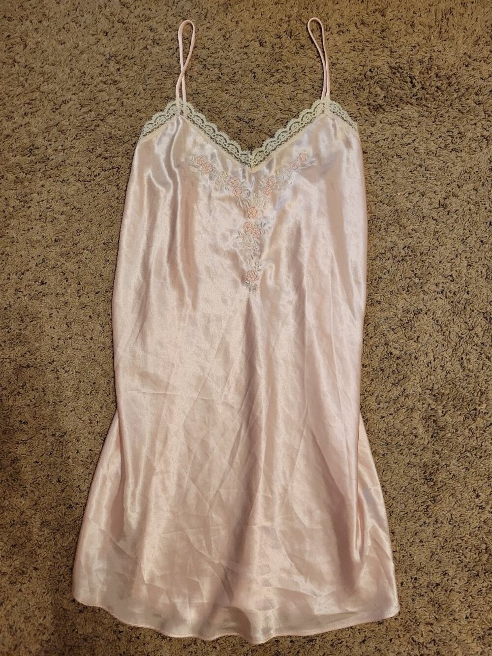 90s Vintage Romantic Moods Satin Blush Pink Slip Dress Floral Embroidered Large
